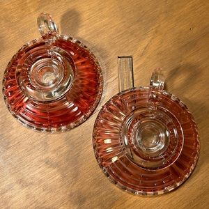 Pair of Rare Ruby Vintage Jeannette Glass Candlestick Holders w/Finger Loops 464